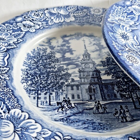 3 Liberty Blue Independence Hall Dinner Plates 10" Staffordshire England Ironsto - Picture 15 of 16